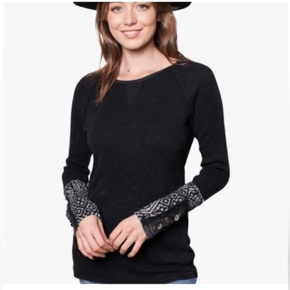 American Able Black Thermal Scoop Neck Paisley Banded Long Sleeve Top Size L